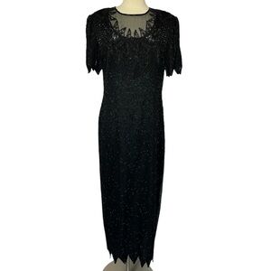 SCALA Vintage 80s Maxi Dress Gown Beaded Sequins Black Silk / Polyester Size XXL